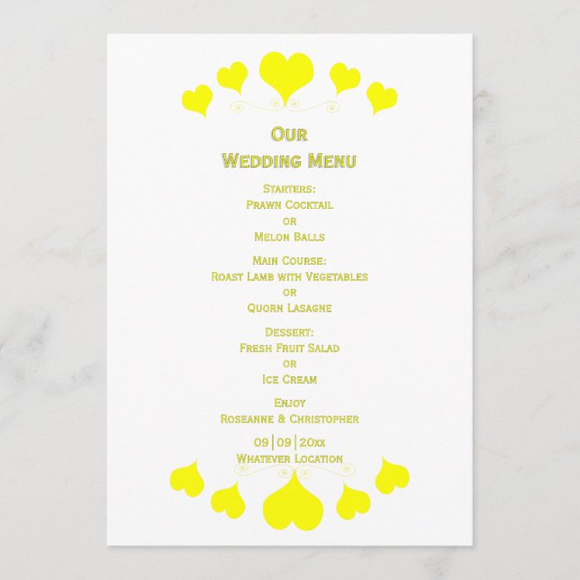 Menu Yellow Hearts Design Wedding (Devant)