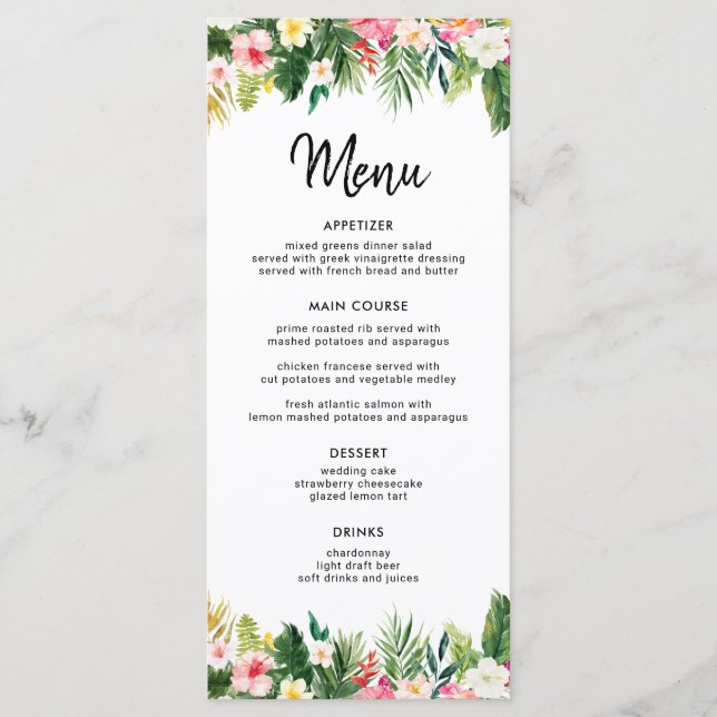 Menus de la fête des Feuilles verts tropicaux Luau (Devant)