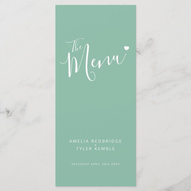Menus de mariage avec cœur blanc sur fond vert (Devant)