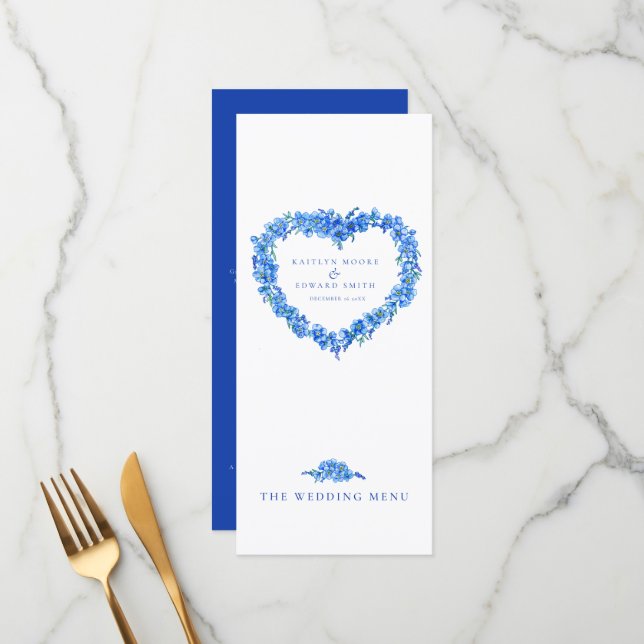 Menus de mariage bleus blancs cœur de myosotis (Devant/Arrière en situation)