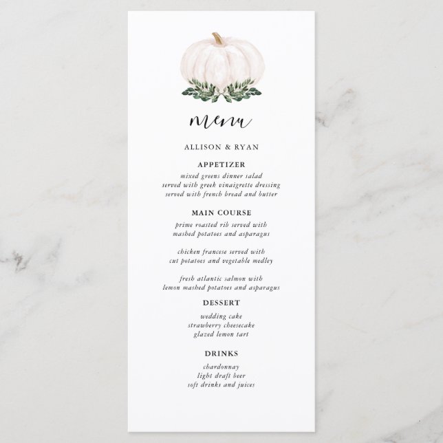 Menus de Mariage Citrouille blanc rustique (Devant)