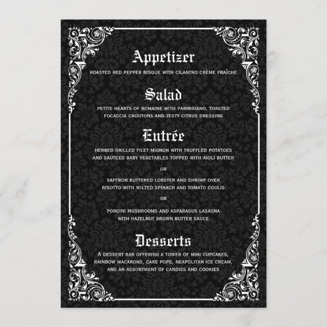 Menus de Mariage damassé gothique noir (Devant)