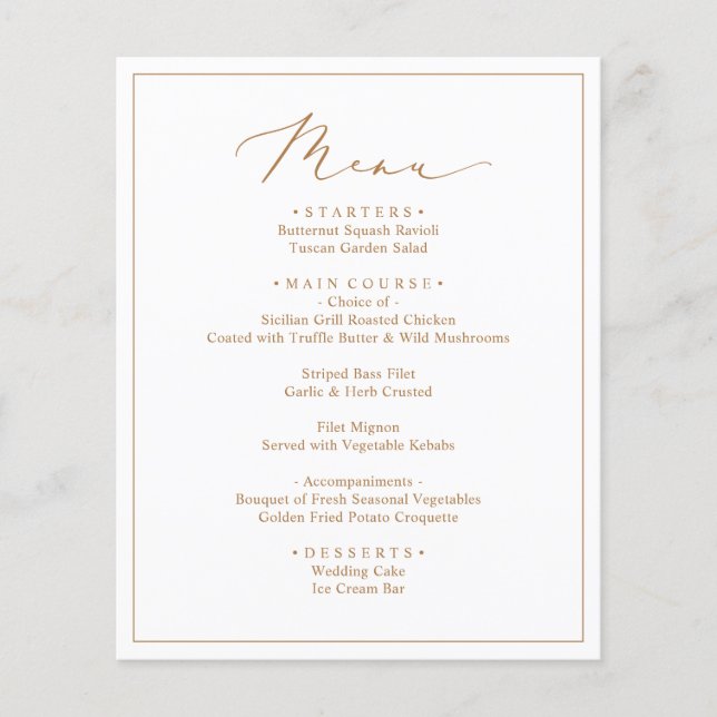 Menus de Mariage de script or rustique (Devant)