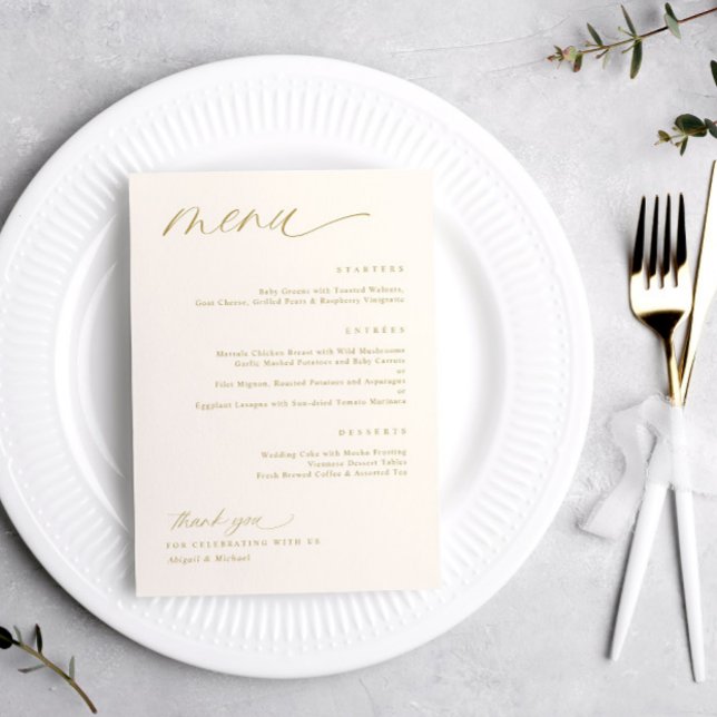 Menus de mariage en écriture romantique douce crèm (Soft Romantic Gold and Cream Wedding Menus)