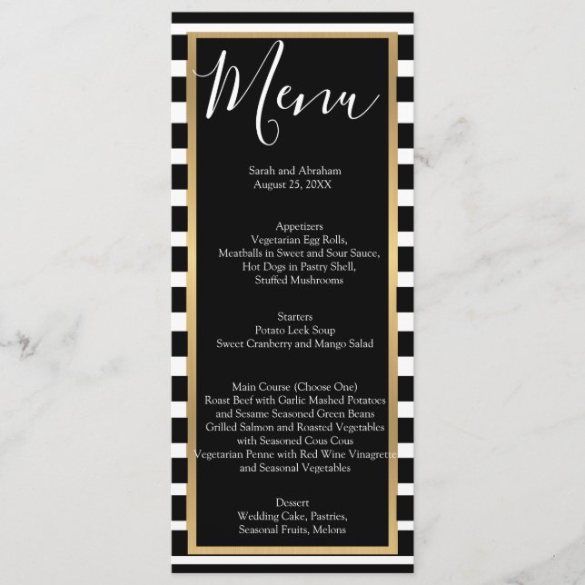 Menus de menu Mariage rayé noir et blanc (Devant)