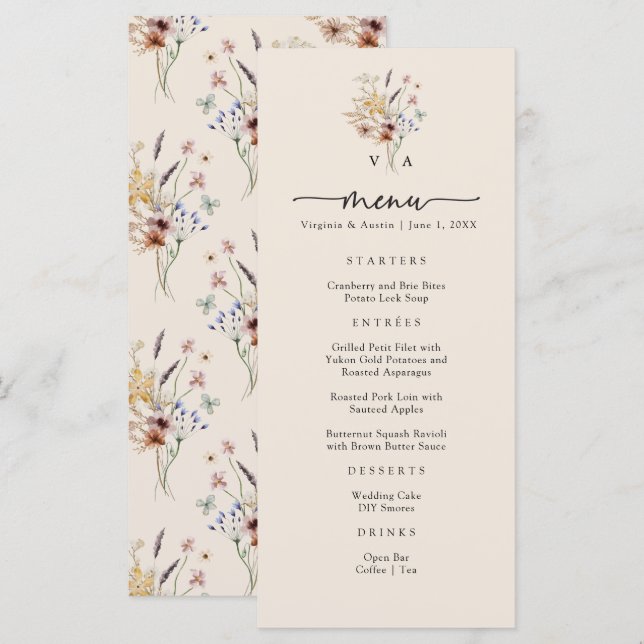 Menus de monogramme de Boho (Devant / Derrière)