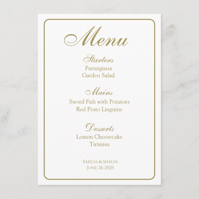 Menus Mariage blanc et or élégant (Devant)