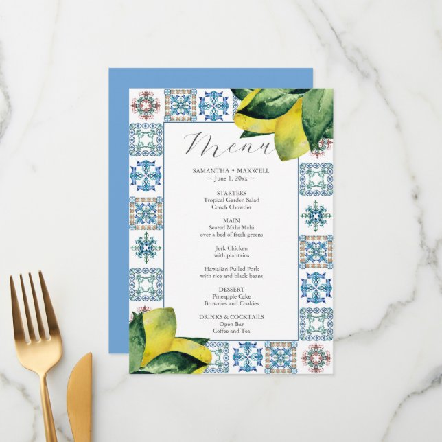 Menus mariage Italien Amalfi Tile Thème (Devant/Arrière en situation)