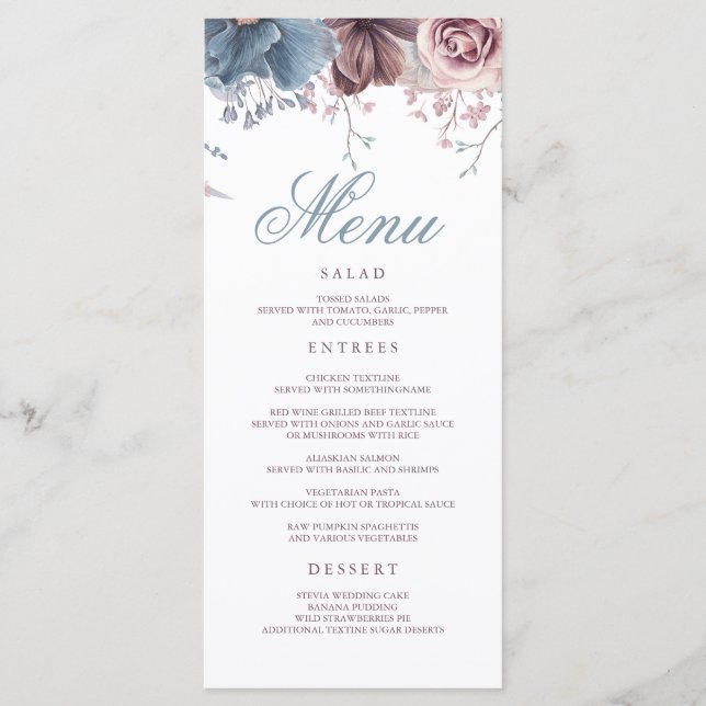 Menus Mariage moderne Dusty Blue et Mauve (Devant)