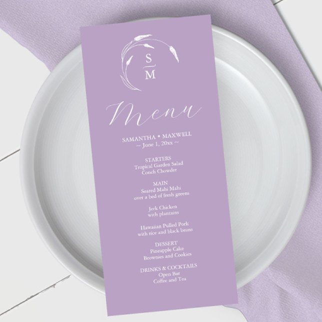 Menus mariage simple Monogram Lavender (Wedding menus purple lavender line arty by Victoria Grigaliunas of Do Tell A Belle)