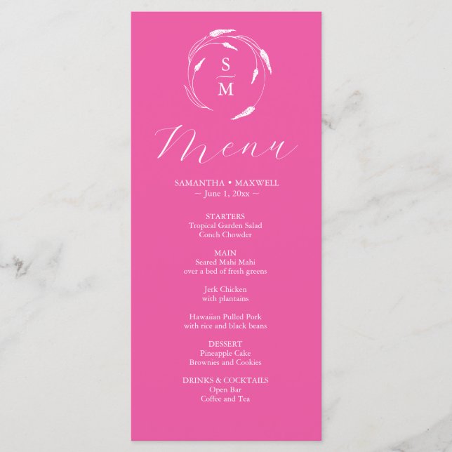 Menus mariage simple Monogramme Fuchsia rose (Devant)