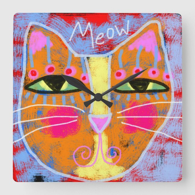 Meow Abstract Cat Art Square Wall Clock (Front)