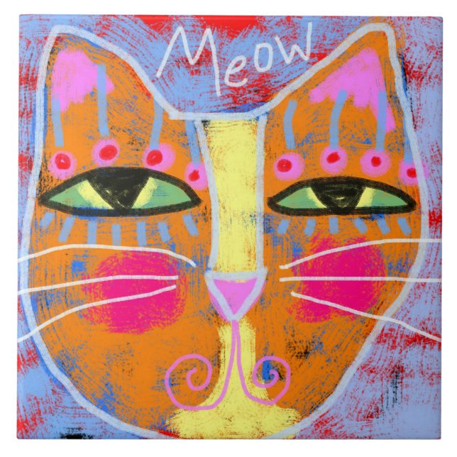 Meow Abstract Digital Cat Painting Tile (Front)
