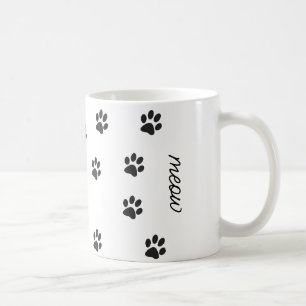 Meow and cat paws black white  coffee mug
