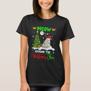 Meow Around Christmas Tree Cute Santa Reindeer Cat T-Shirt