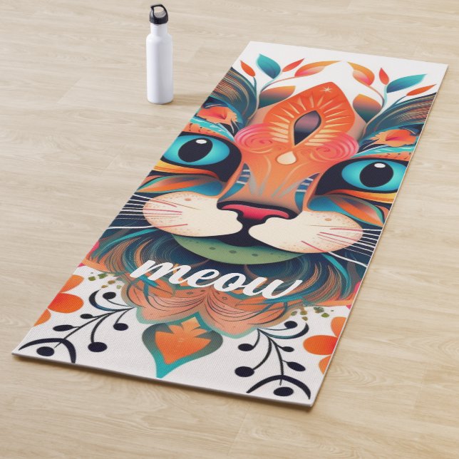 Meow Asanas: Blue Red Floral Cat Lover's Yoga Mat (In Situ)