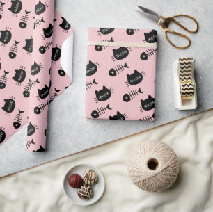 Meow Black Cat Face Fishbone Pattern Pink Wrapping Paper