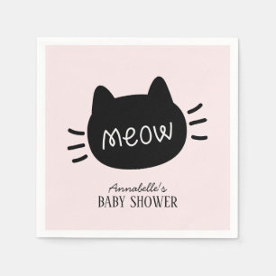 Meow Black Cat Face Pink Girl Baby Shower Napkin