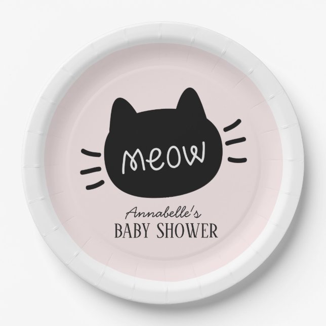 Meow Black Cat Face Pink Girl Baby Shower Paper Plate (Front)