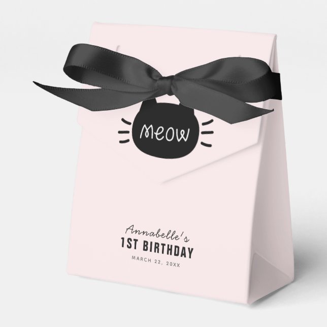 Meow Black Cat Face Pink Girl Birthday Favor Box (Front Side)