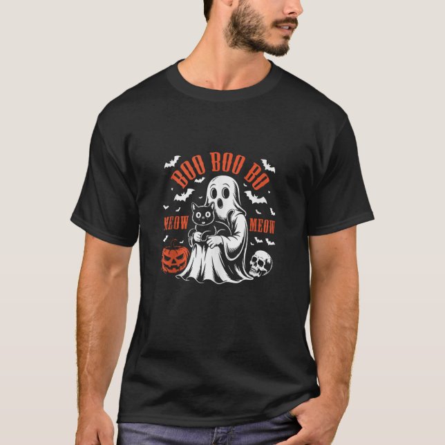 Meow Black Cat Halloween Costume Skeleton Fur Dad  T-Shirt (Front)