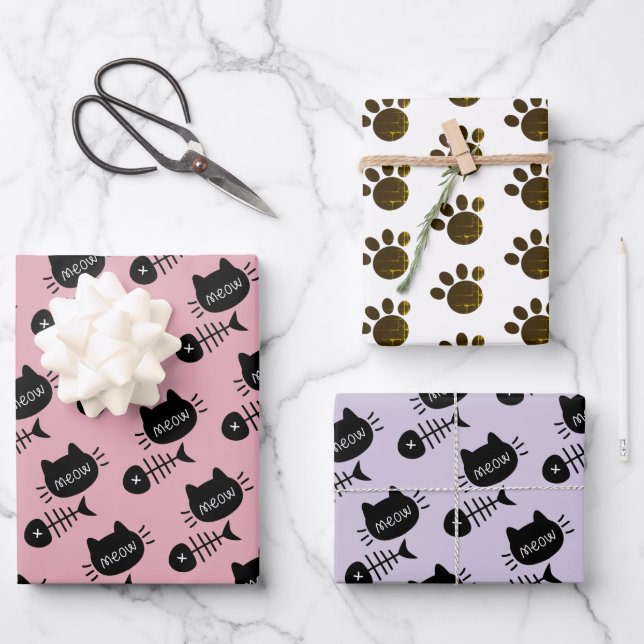 Meow Black Kitty Cat Fishbone Pattern Pink Wrapping Paper Sheet (Front)