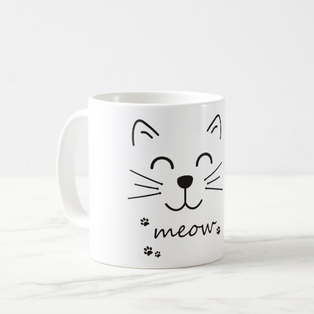 Meow Cat Face au félin heureux Mug (Devant gauche)