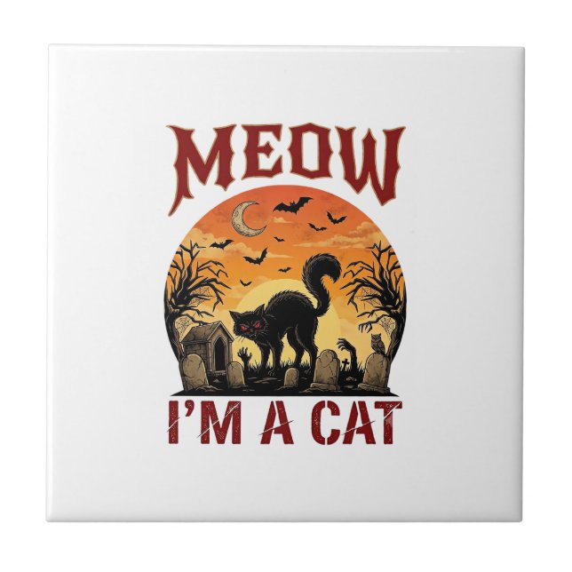 Meow Cat Halloween Black Cemetery_1 Tile (Front)