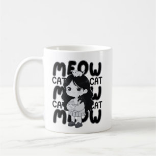 Meow Cat Lover Aesthetic Chibi Girl Illustration Coffee Mug