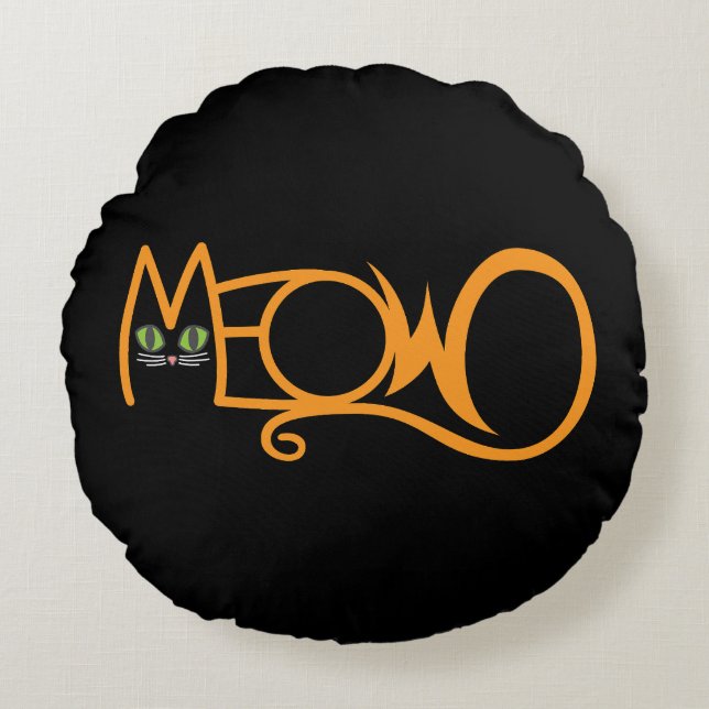 Meow Cat Typography ORANGE Round Pillow (Front)