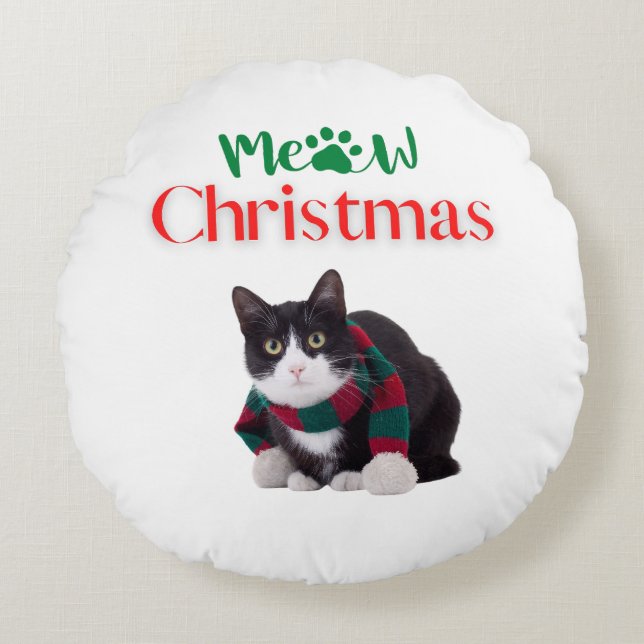 MEOW CHRISTMAS CAT ROUND PILLOW (Front)