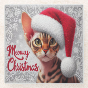 Meow Christmas Devon Rex Cat, Xmas Santa Cat Glass Coaster