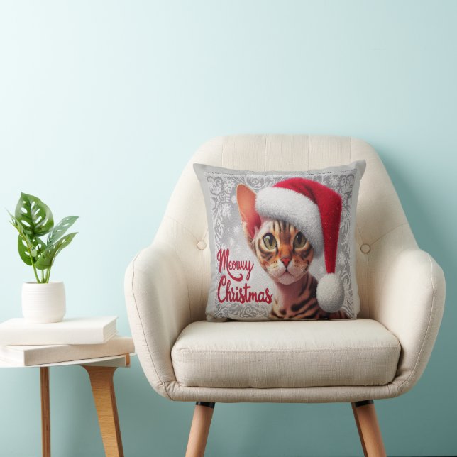 Meow Christmas Devon Rex Cat, Xmas Santa Cat Throw Pillow (Chair)
