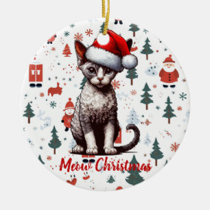Meow Christmas Devon Rex Cat, Xmas Santa Kitten Ceramic Ornament