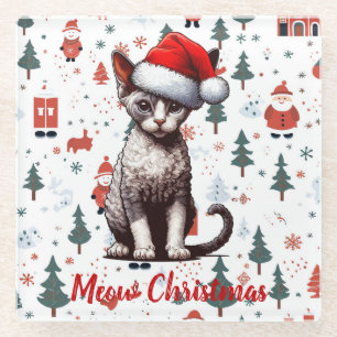 Meow Christmas Devon Rex Cat, Xmas Santa Kitten Glass Coaster