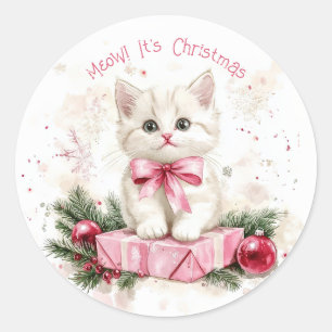 Meow Christmas Kitten Pink Classic Round Sticker