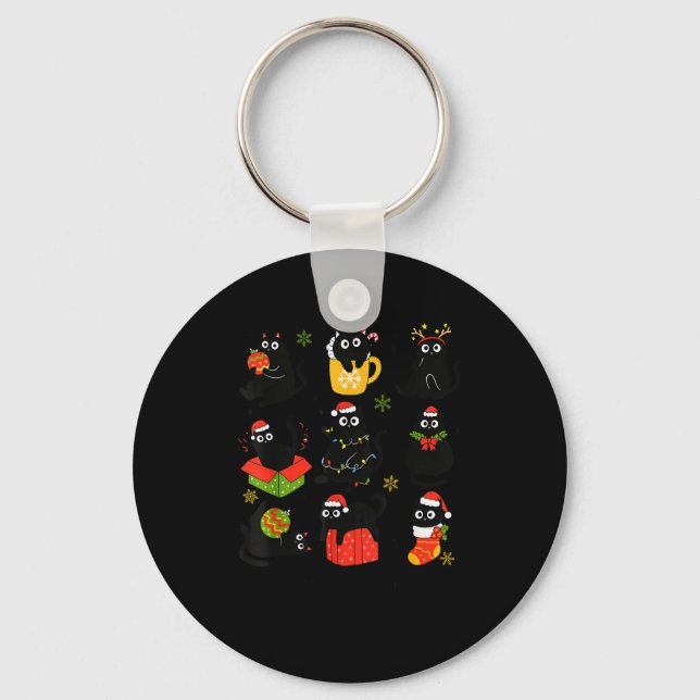 Meow Christmas Xmas Lights Black Cat Pyjamas Famil Keychain (Front)