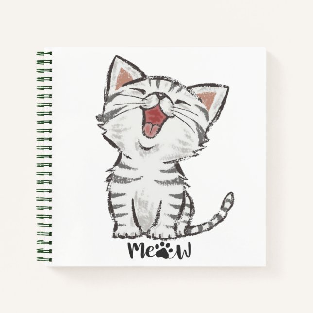 Meow Cute Funny Grey Cat Kitten Smiling Notebook (Front)