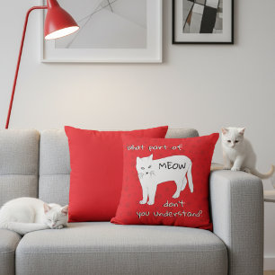 Meow Funny Cat Throw Pillow Red White Black