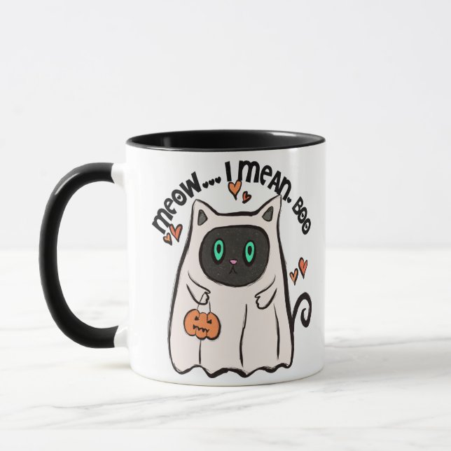 Meow...I Mean, Boo! Black Cat Ghost Halloween Mug (Left)