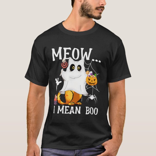 Meow I Mean Boo Cat Halloween T-Shirt (Front)