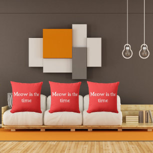 Meow Is The Time Funny Retro Animal Cute Red Throw Pillow