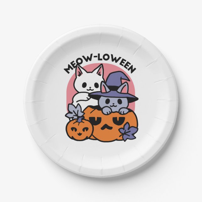 Meow-Loween - Cute Halloween Cat Design Paper Plate (Front)