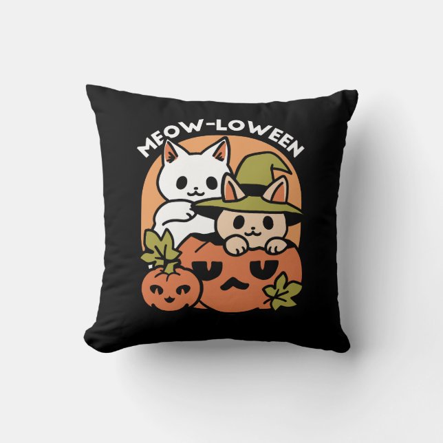 Meow-Loween - Festive Halloween Cat Design Throw Pillow (Front)