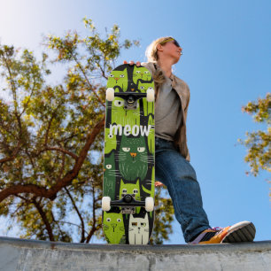 Meow Mania - Cute Green Doodle Cat Lover  Skateboard