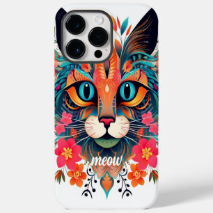 Meow Mania: Red Blue Floral Cute Cat iPhone 14 Pro Max Case