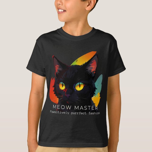 Meow Master | Dark Kid's Cat T-Shirt (Front)