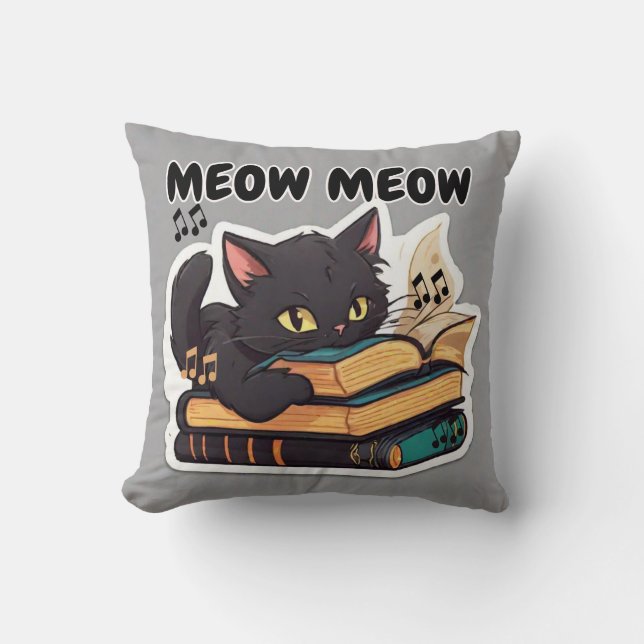 Meow Meow Cat Reading Book Throw Pillow (Front)
