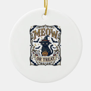 Meow Or Treat Cat Halloween Spooky Cat Vintage Vec Ceramic Ornament