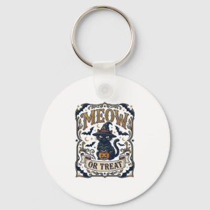 Meow Or Treat Cat Halloween Spooky Cat Vintage Vec Keychain